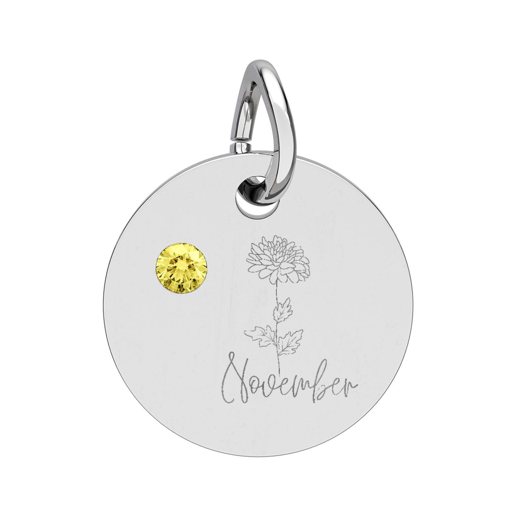 November Birthstone/Birth flower Circle Charm engraved pendant | Personalized Jewelry