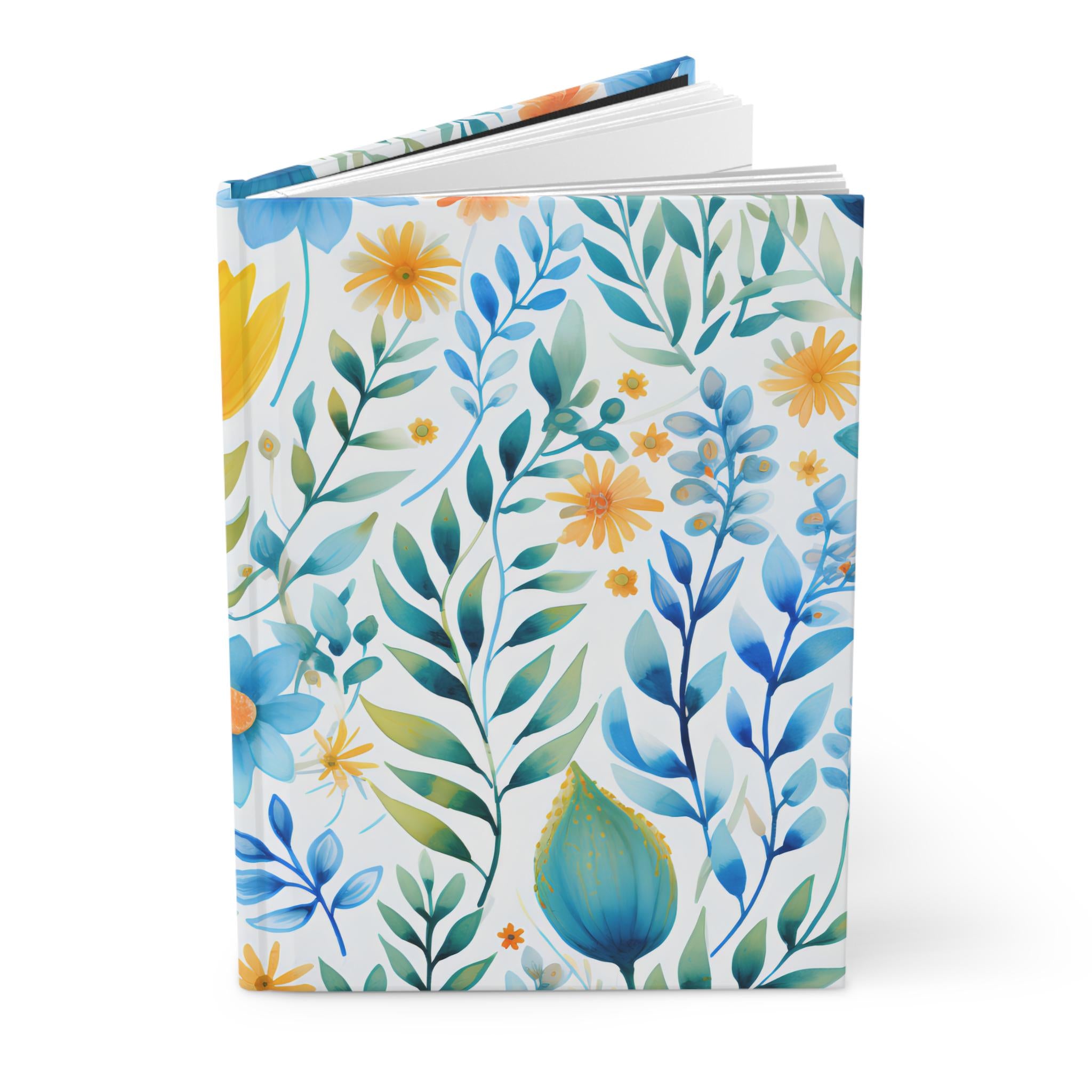 Blue and Yellow Floral Pattern Hardcover Journal | Botanical Leaves Notebook