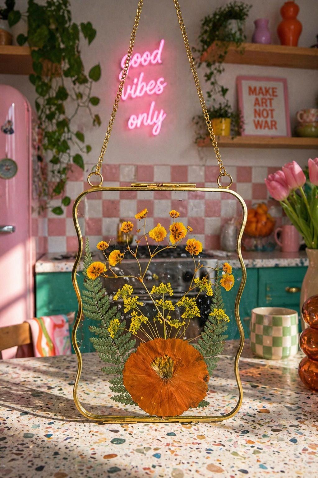 Pressed flower glass hanging frame, Orange flowers
