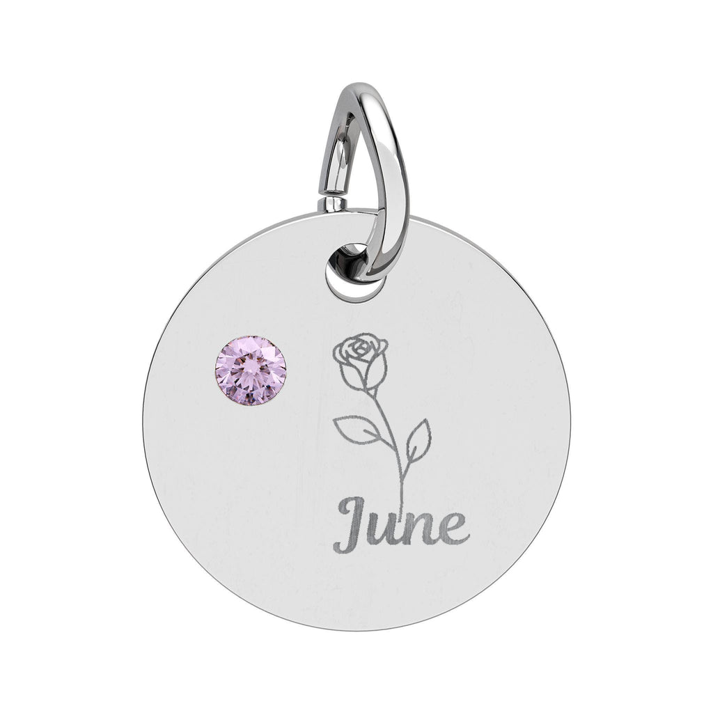 June Birthstone/Birth flower pendant, Engraved circle charm