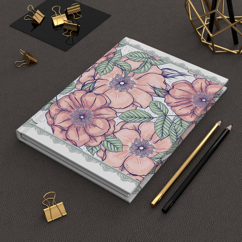Peach Floral Sketch Hardcover Journal | Botanical Roses, Leaf Pattern Notebook