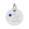 September Sapphire Birthstone/Birth flower, Engraved Circle Charm Pendant