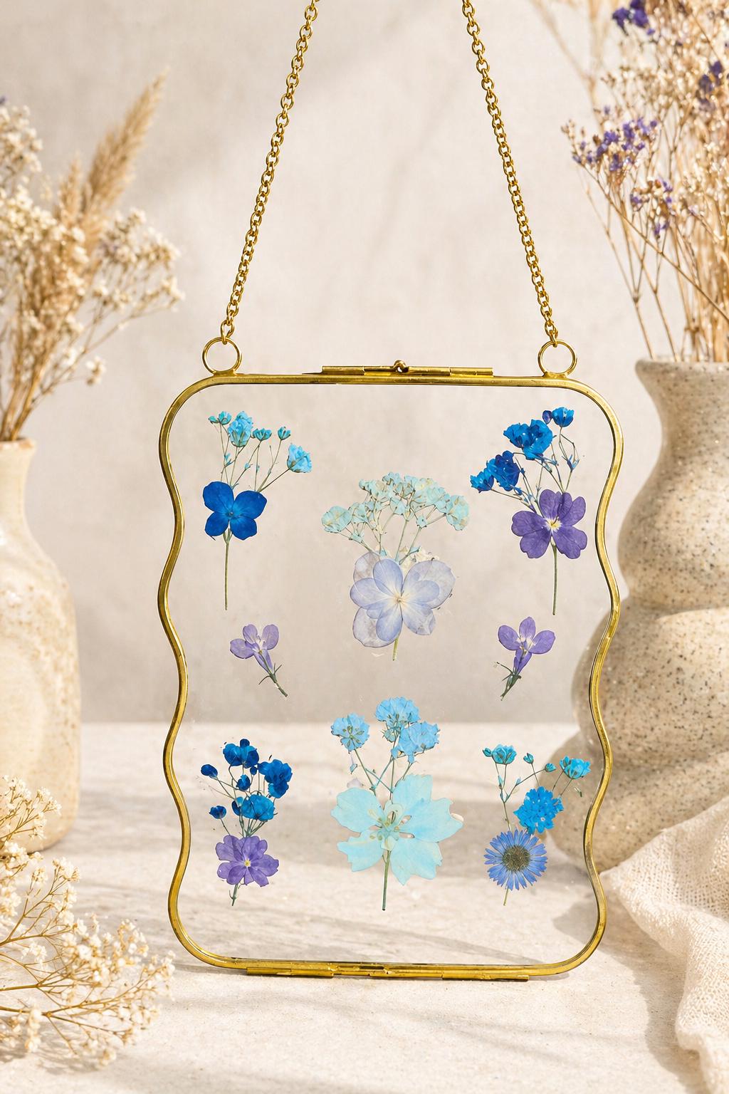Pressed flower glass hanging frame, Blue flowers.