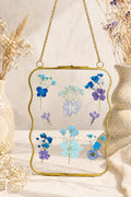 Pressed flower glass hanging frame, Blue flowers.