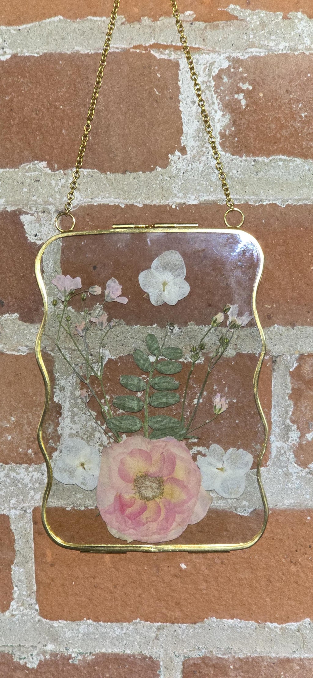 Pressed flower glass hanging frame/pink flowers. Gifts for her