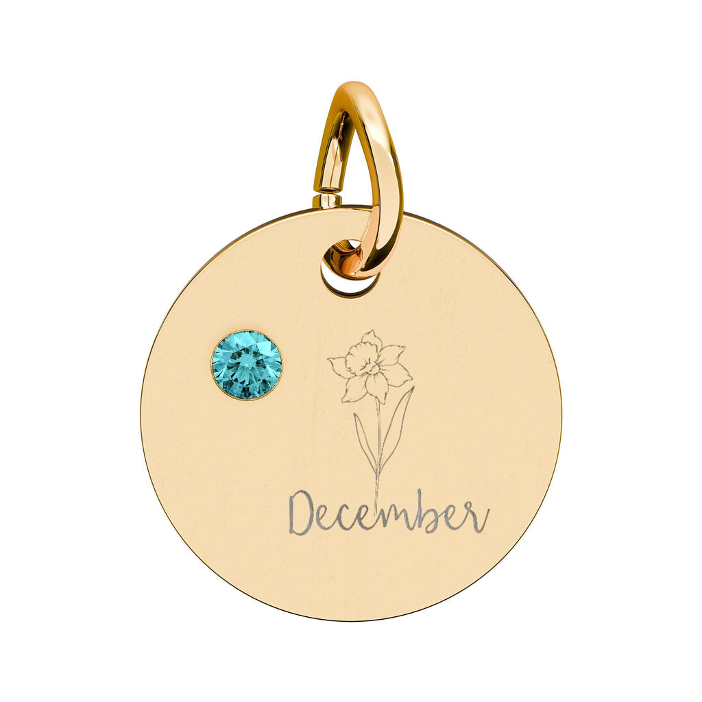 December Birthstone/Birth flower Circle Charm, Engraved pendant