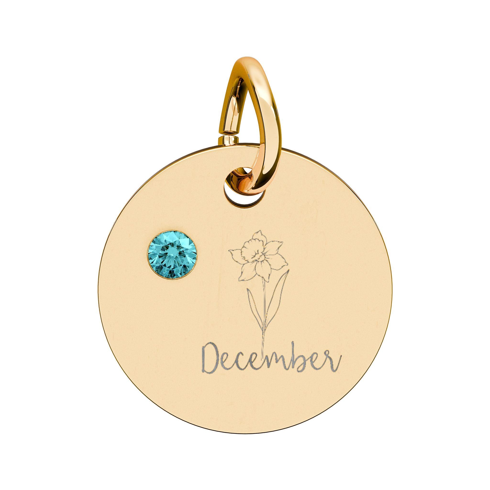 December Birthstone/Birth flower Circle Charm, Engraved pendant