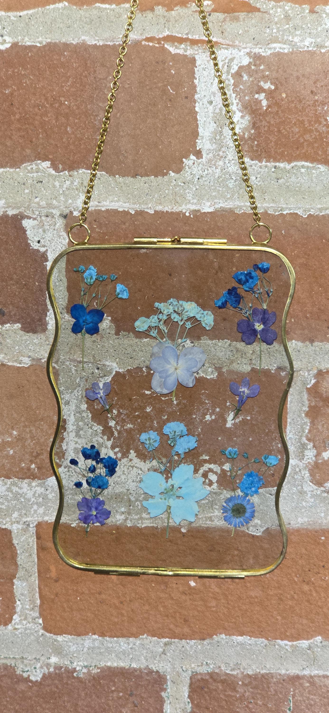 Pressed flower glass hanging frame, Blue flowers.