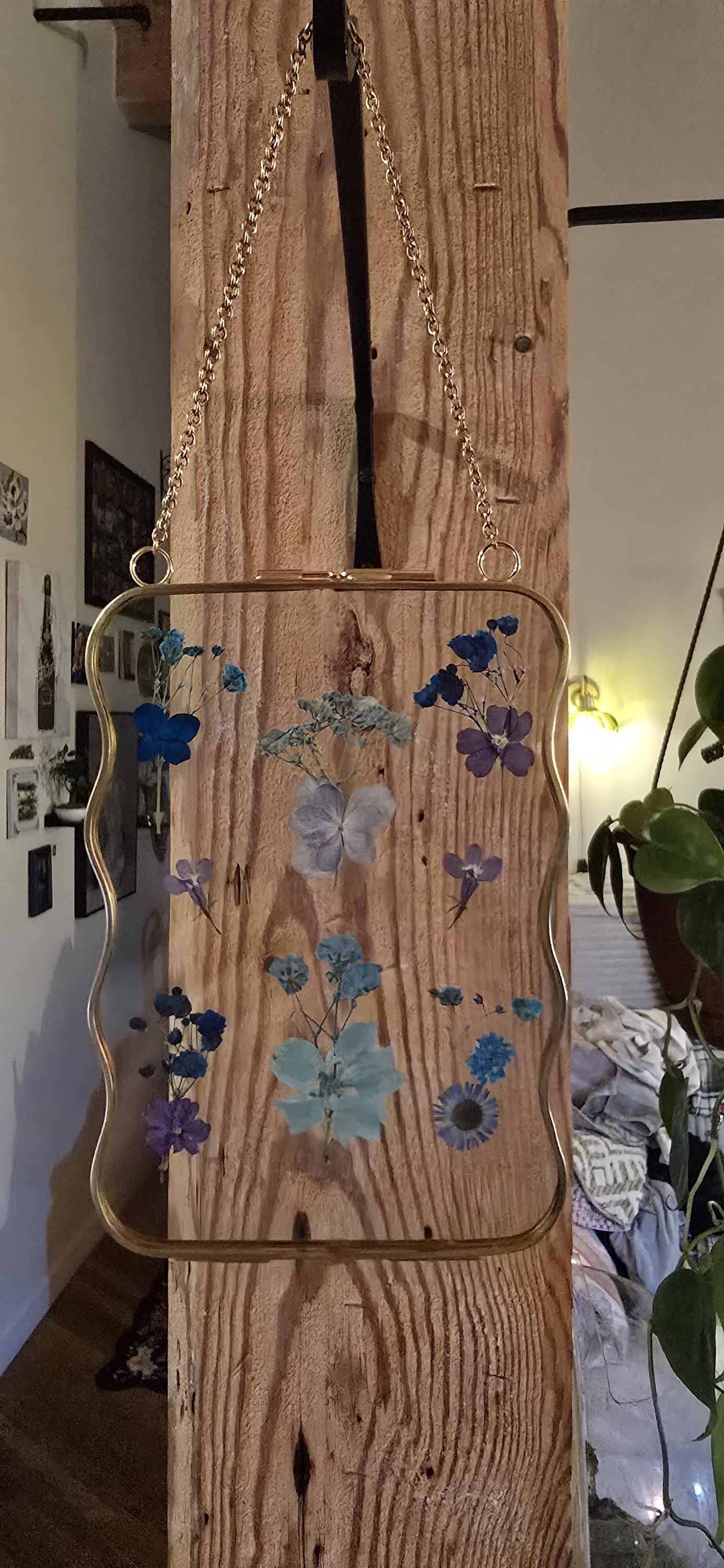 Pressed flower glass hanging frame, Blue flowers.