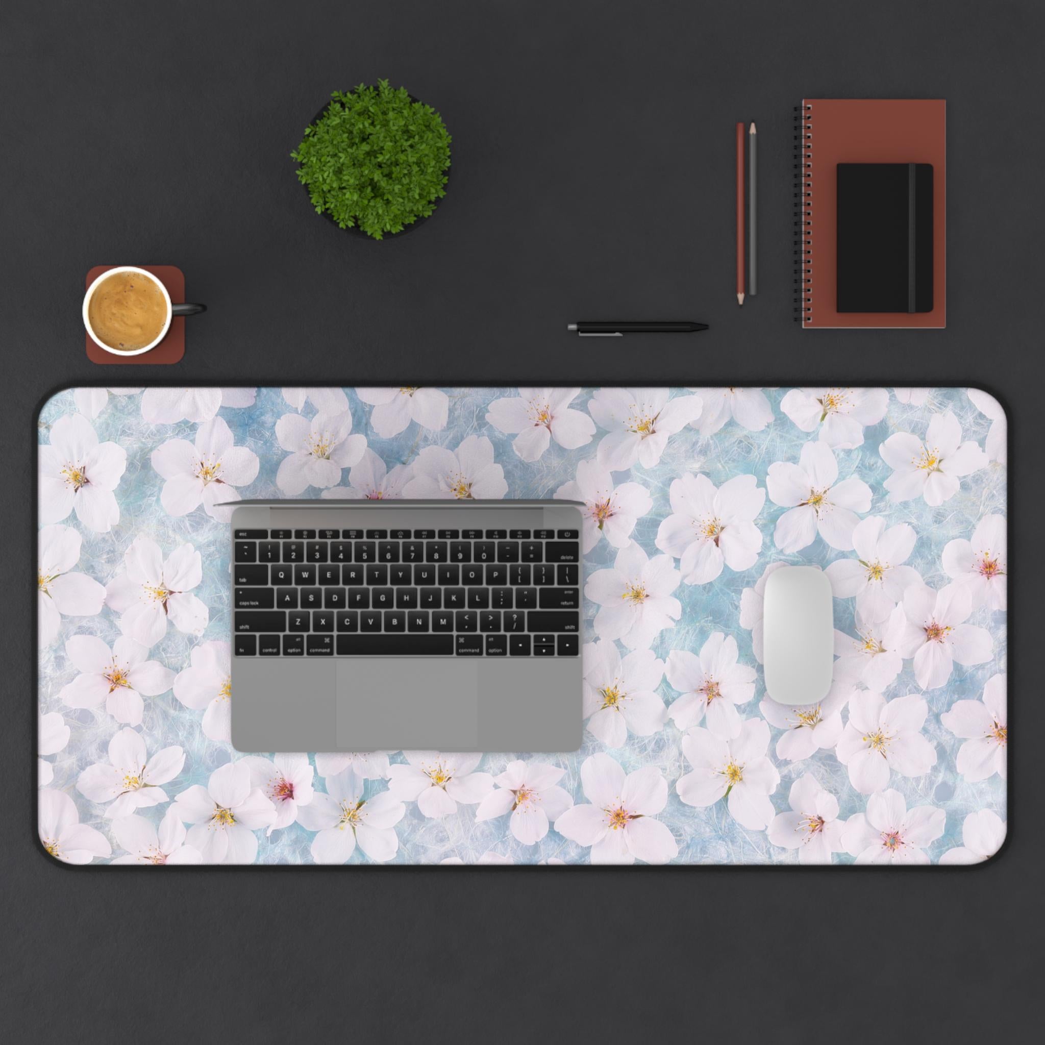 Cherry Blossom Desk Mat | Pastel Sakura Floral Mouse Pad, Watercolor Neoprene Pad