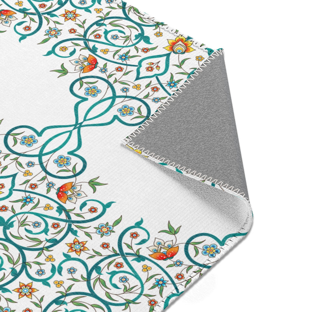 Teal Floral Scrollwork Area Rug | Boho Medallion Pattern, White Background