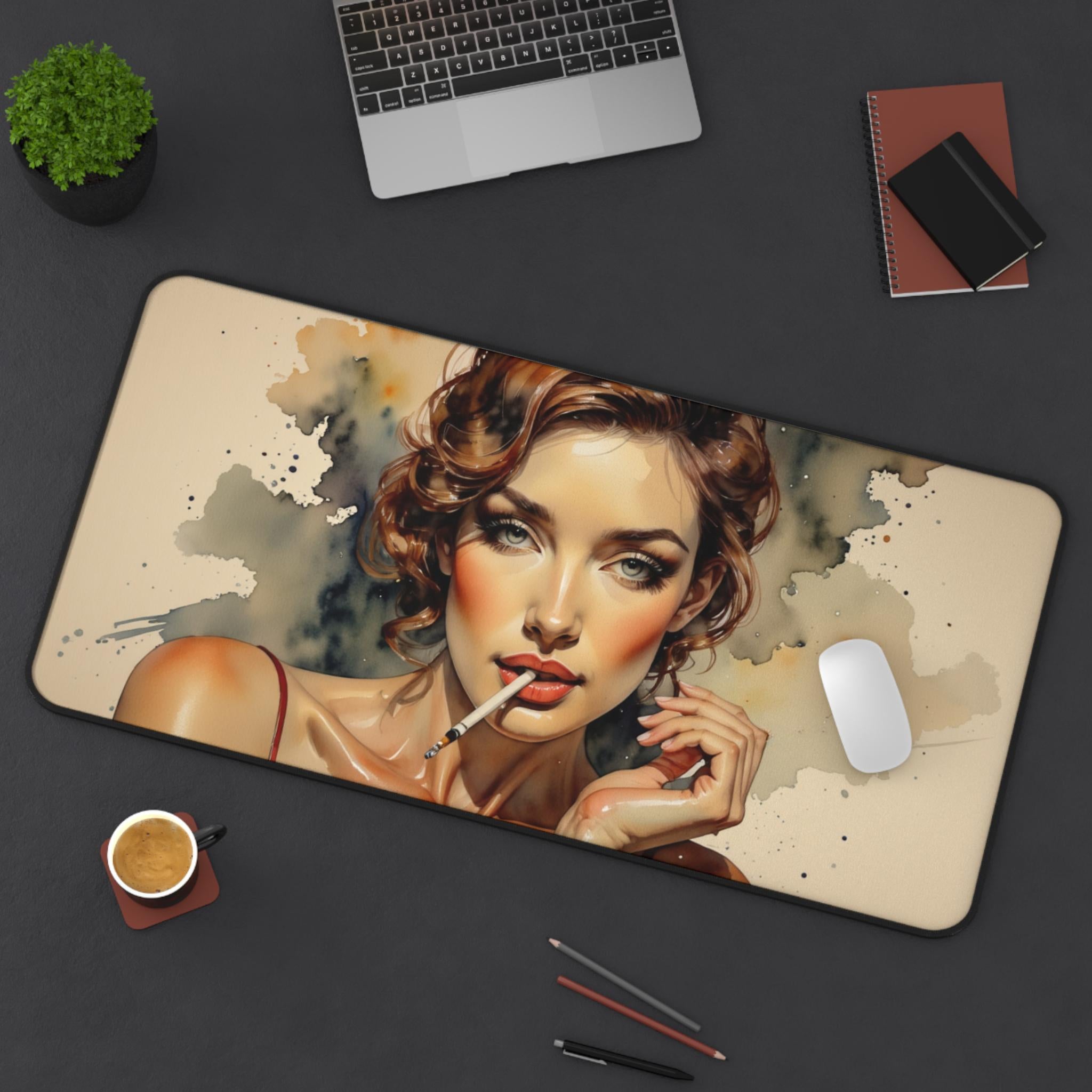 Retro Femme Portrait Desk Mat | Smoky Vintage Pinup Artwork