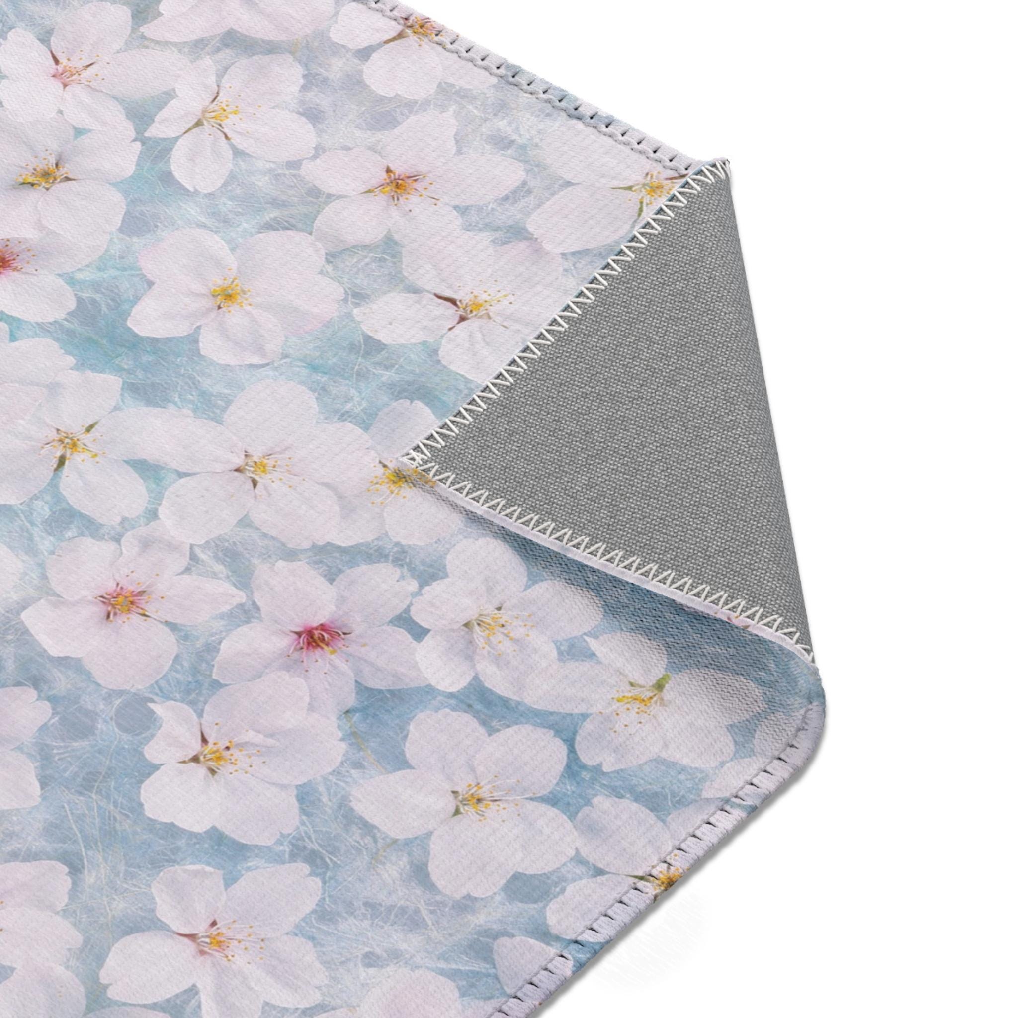 White Cherry Blossom Pattern Area Rug | Floral Spring Accent Rug