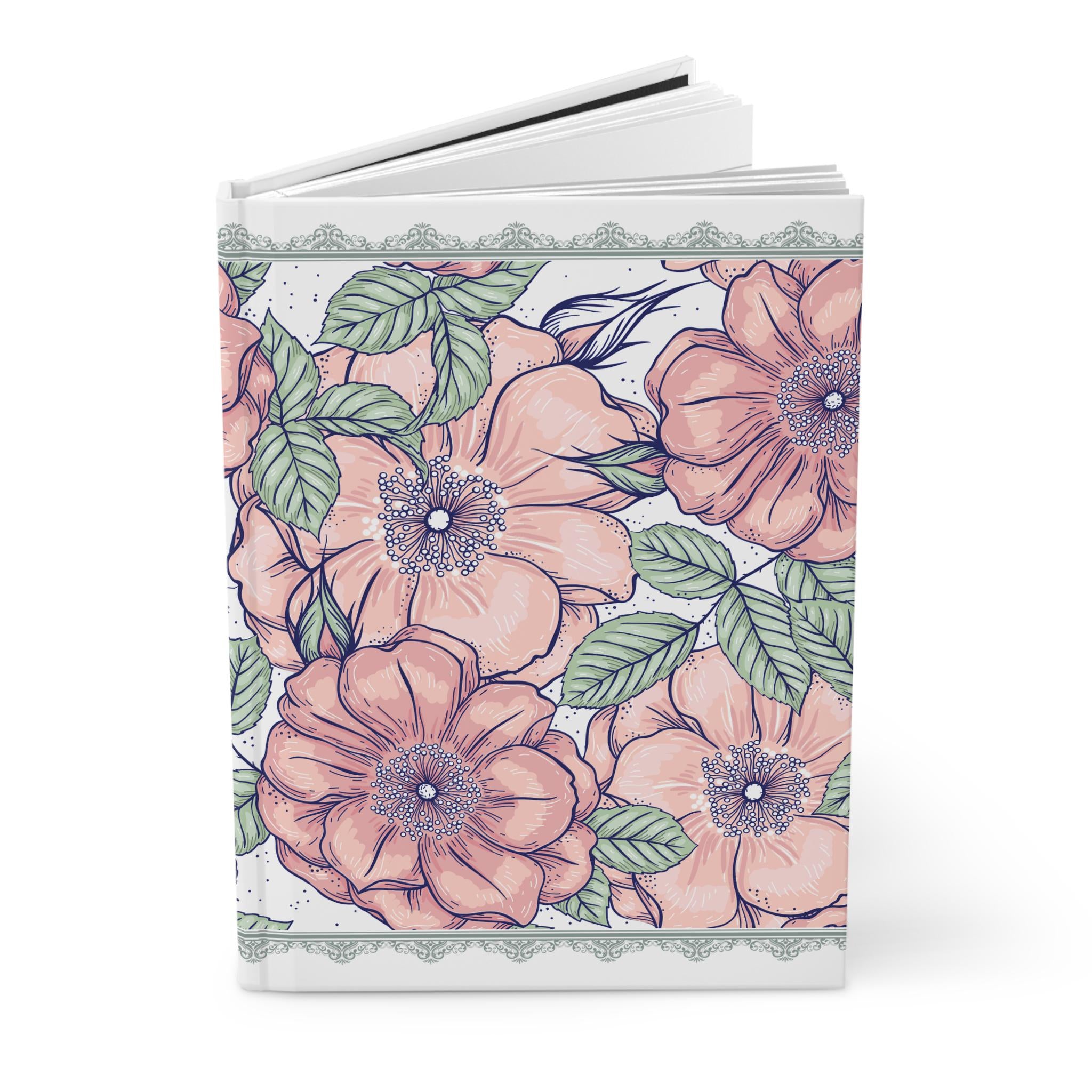Peach Floral Sketch Hardcover Journal | Botanical Roses, Leaf Pattern Notebook