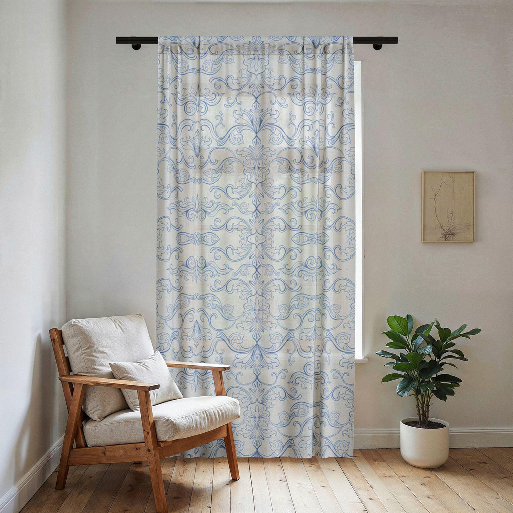 Blue Damask Sheer Curtain | Light Filtering Window Panel