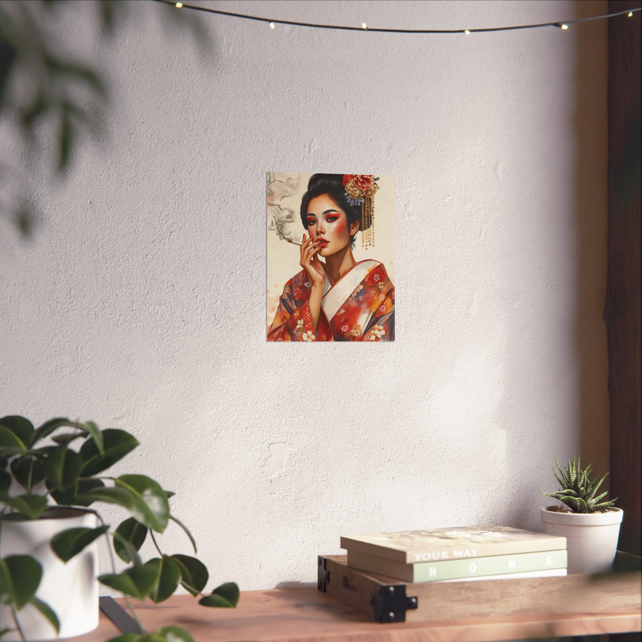 Geisha Portrait Fine Art Poster | Asian Woman Smoking, Kimono Wall Art