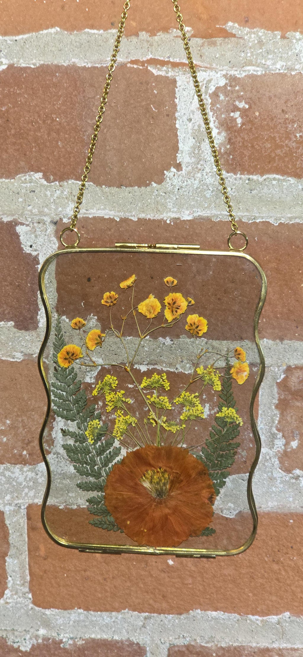 Pressed flower glass hanging frame, Orange flowers