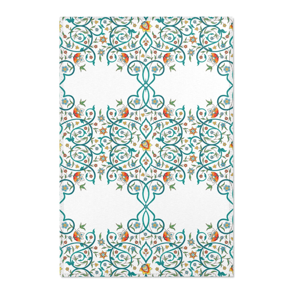 Teal Floral Scrollwork Area Rug | Boho Medallion Pattern, White Background
