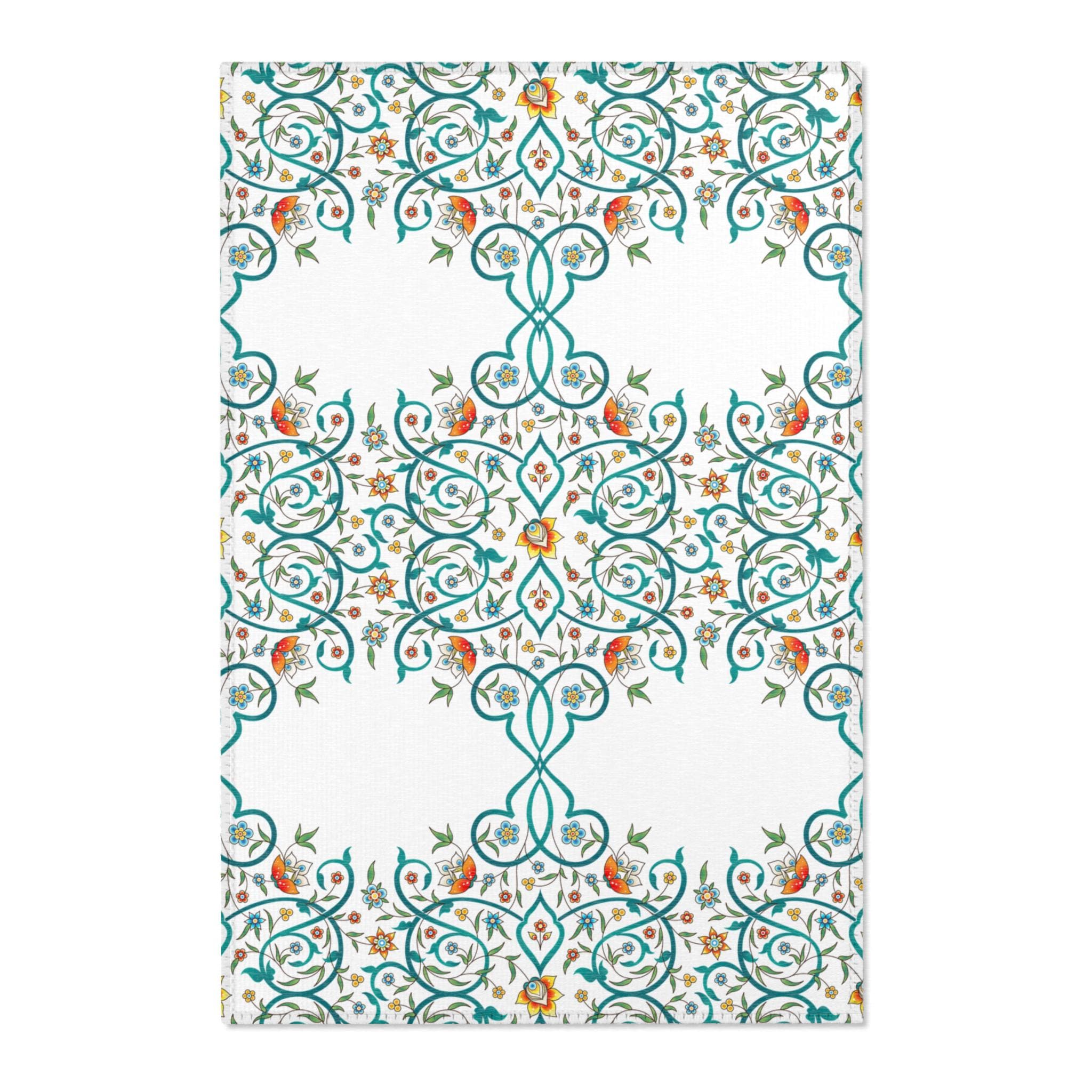 Teal Floral Scrollwork Area Rug | Boho Medallion Pattern, White Background