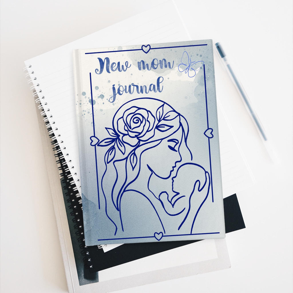 New Mom Journal Ruled Notebook | Mother and Baby Illustration, Blue Watercolor Cover