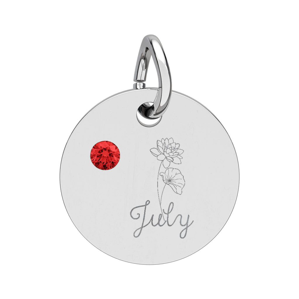 July Birthstone/Birth flower pendant, Engraved circle charm