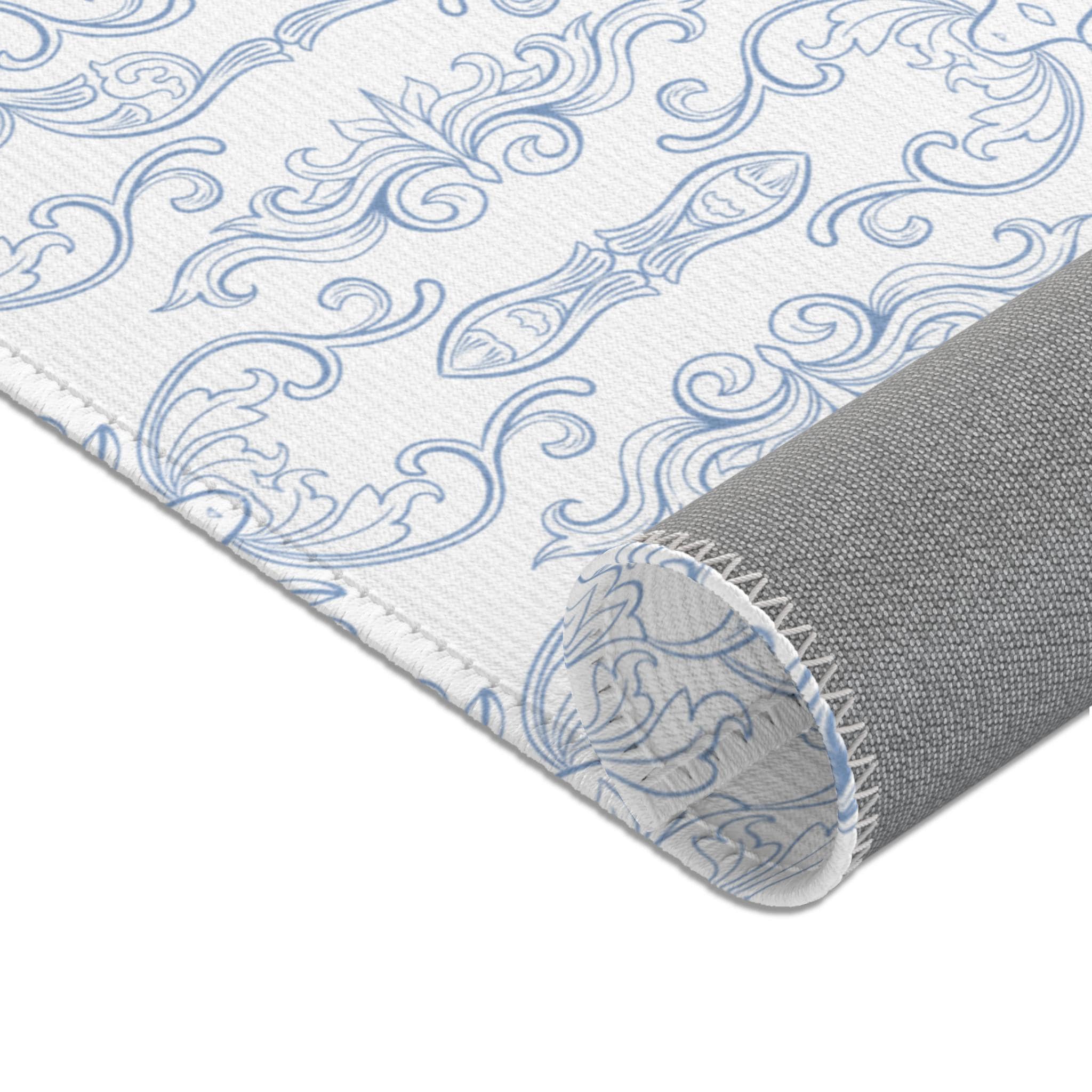 Light Blue Damask Pattern Area Rug | Vintage Floral Scroll Rug