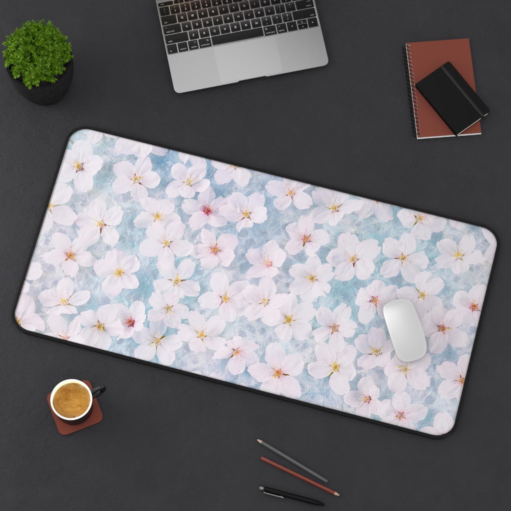 Cherry Blossom Desk Mat | Pastel Sakura Floral Mouse Pad, Watercolor Neoprene Pad
