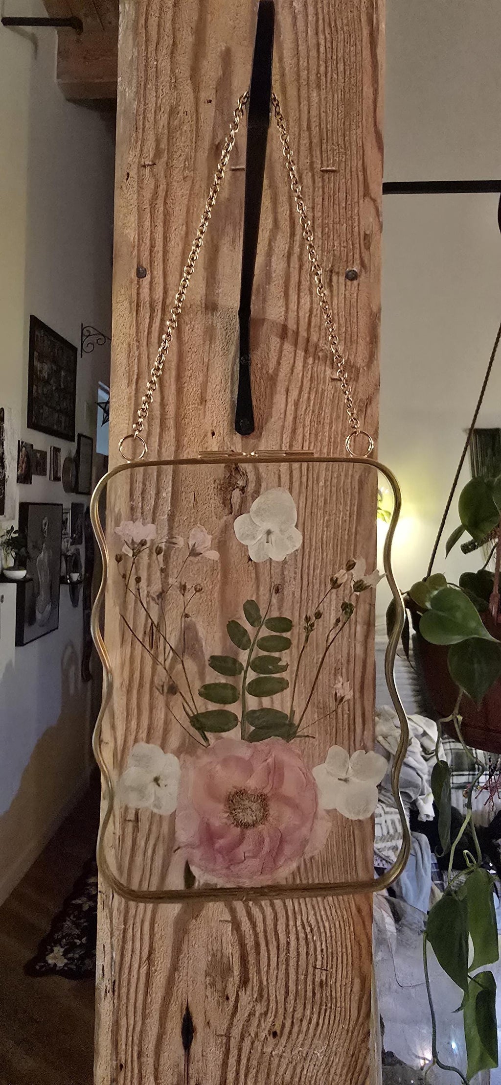 Pressed flower glass hanging frame/pink flowers. Gifts for her