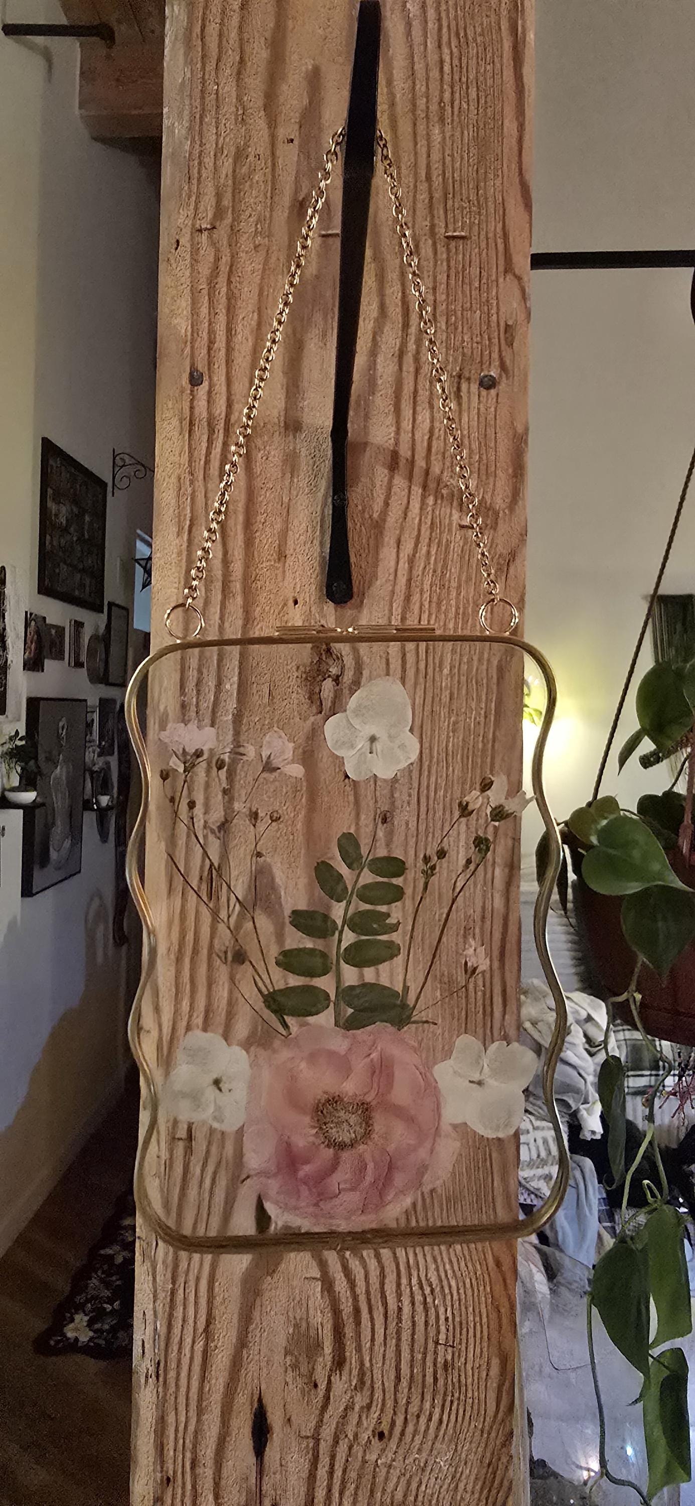 Pressed flower glass hanging frame/pink flowers. Gifts for her
