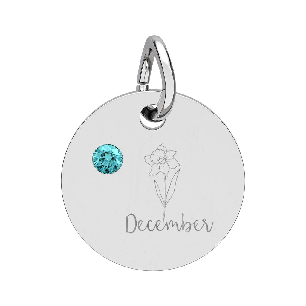 December Birthstone/Birth flower Circle Charm, Engraved pendant