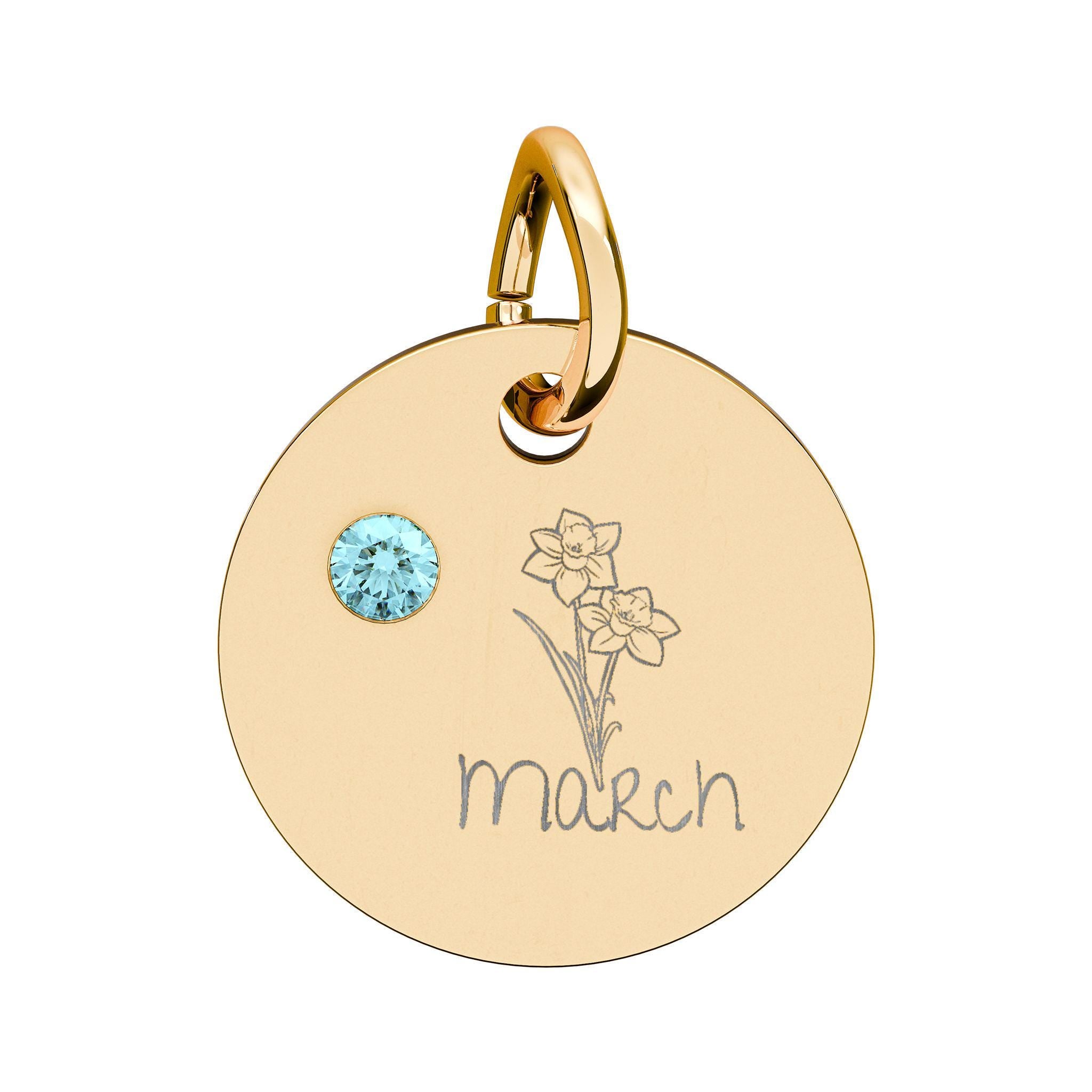 March Birthstone/Birth flower pendant/ Engraved circle charm