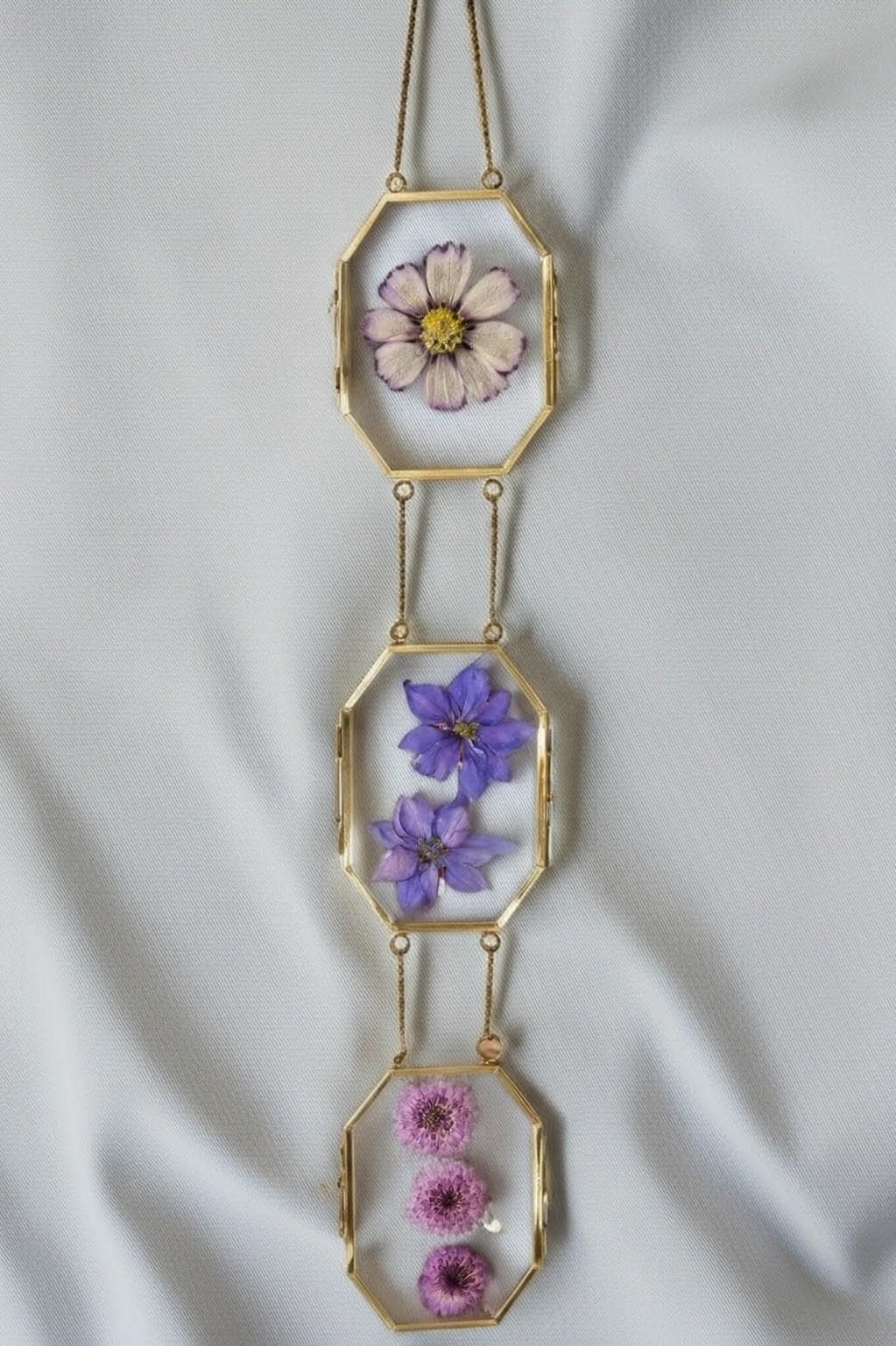 Pressed flower glass hanging frame, Purple flowers
