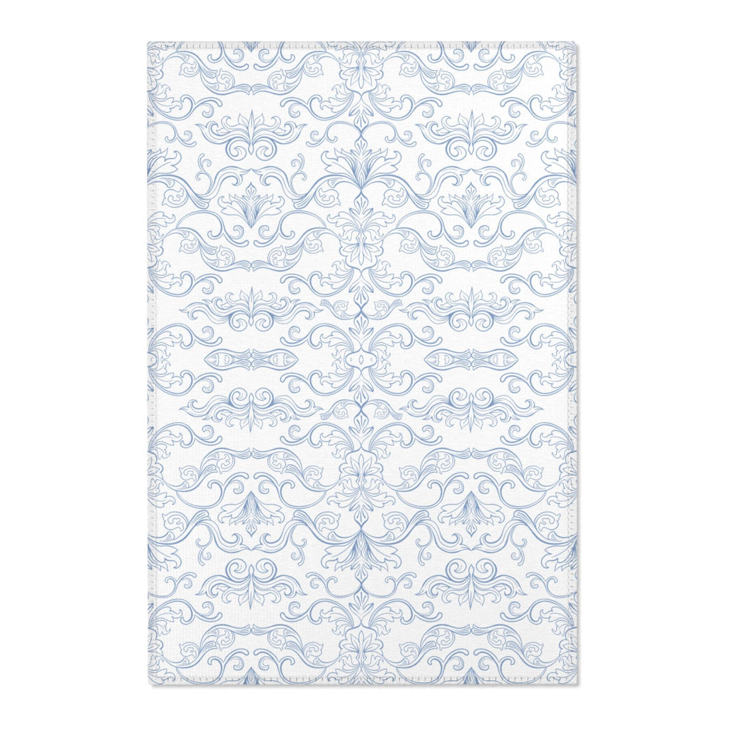 Light Blue Damask Pattern Area Rug | Vintage Floral Scroll Rug