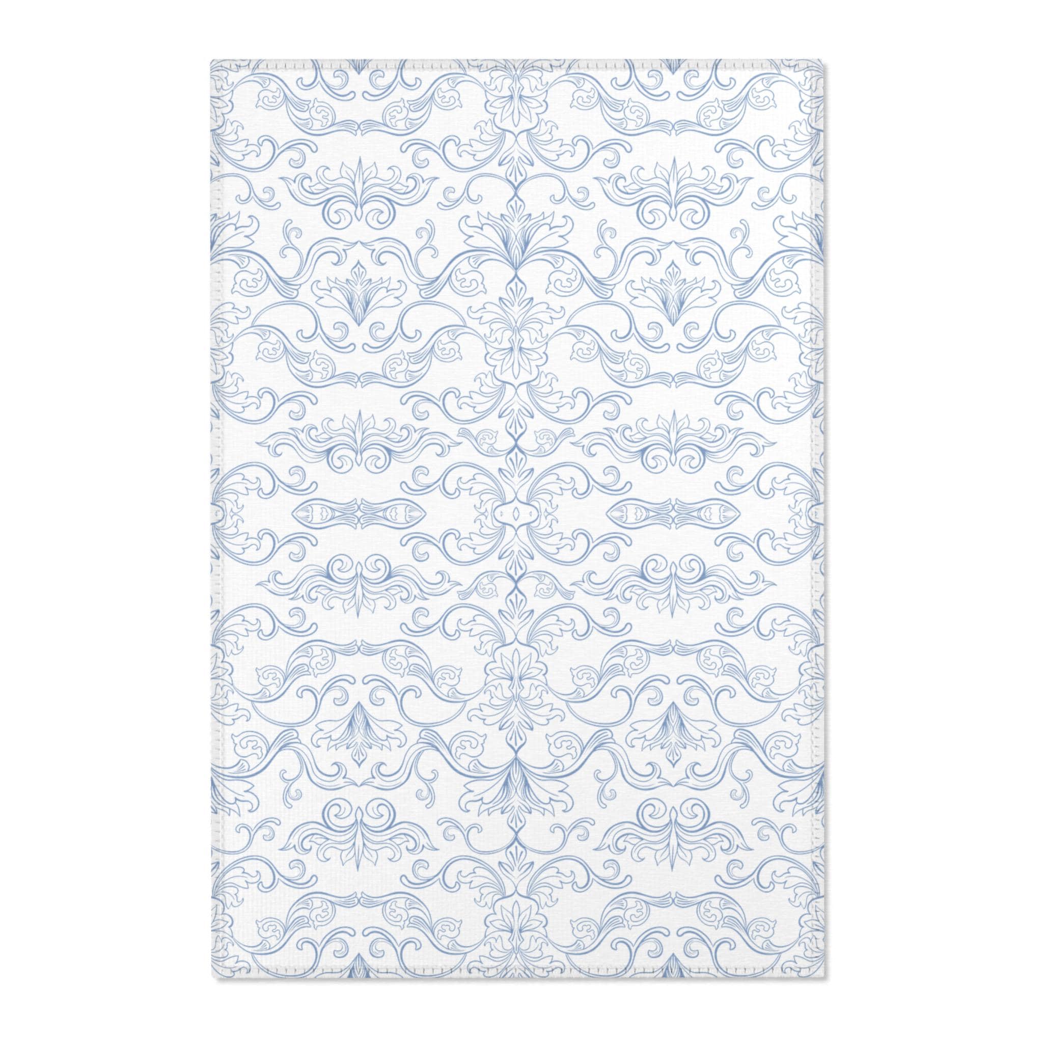 Light Blue Damask Pattern Area Rug | Vintage Floral Scroll Rug
