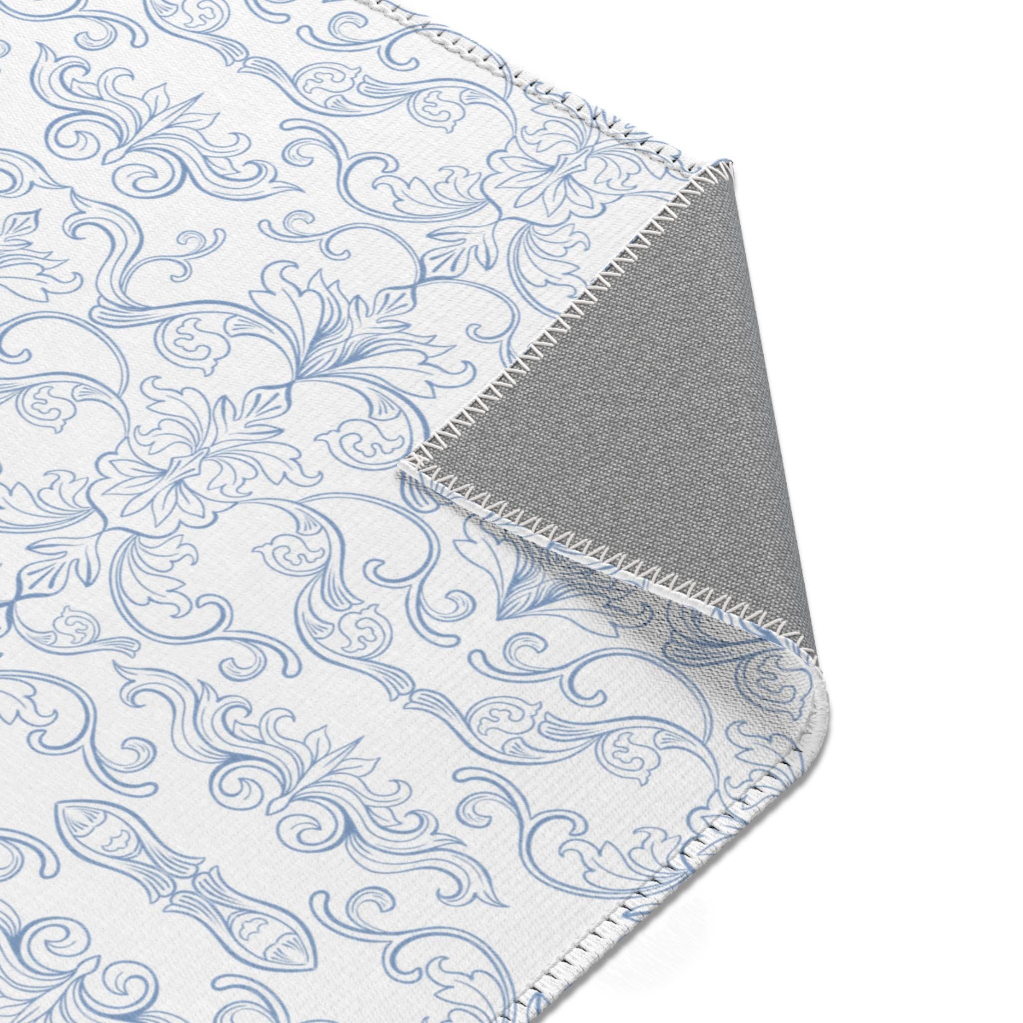 Light Blue Damask Pattern Area Rug | Vintage Floral Scroll Rug