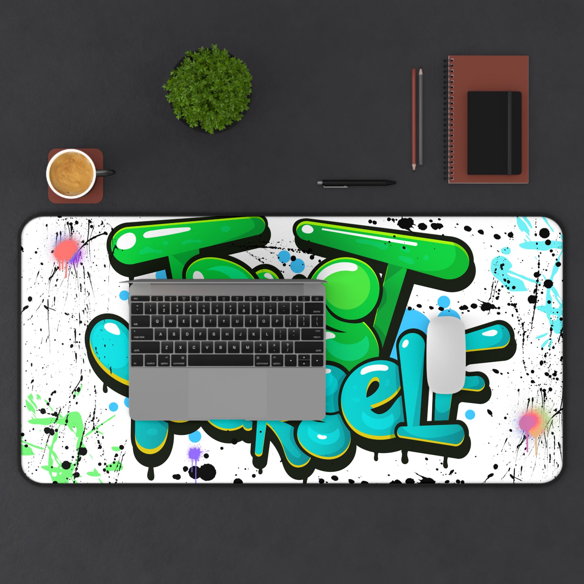 Trust Yourself Desk Mat | Green Graffiti Typography, Splatter Art Mousepad