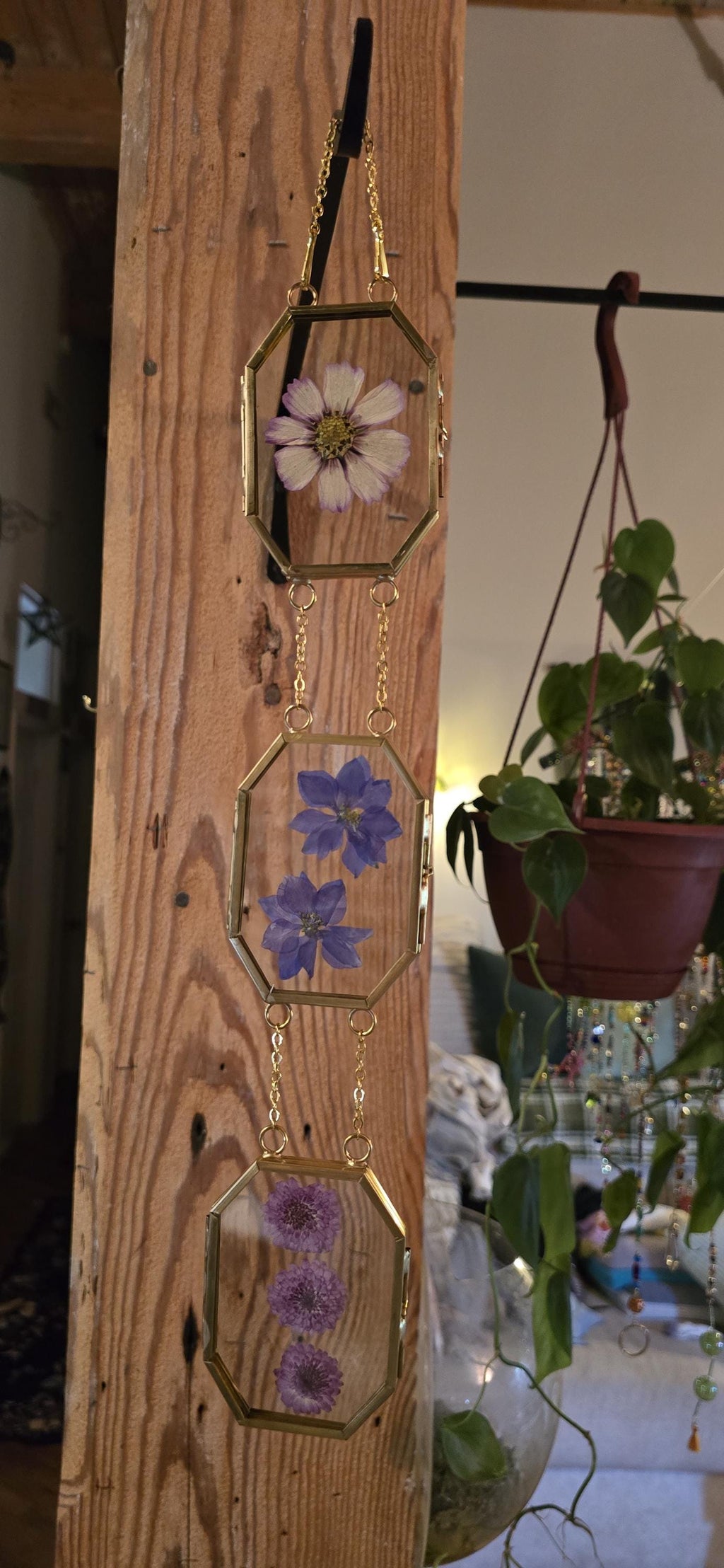 Pressed flower glass hanging frame, Purple flowers