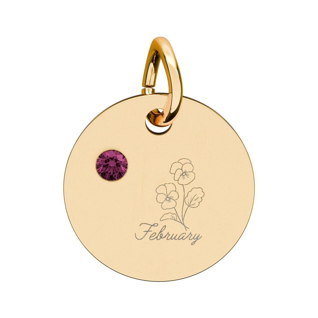 February Birthstone/Birth flower pendant, Engraved circle charm