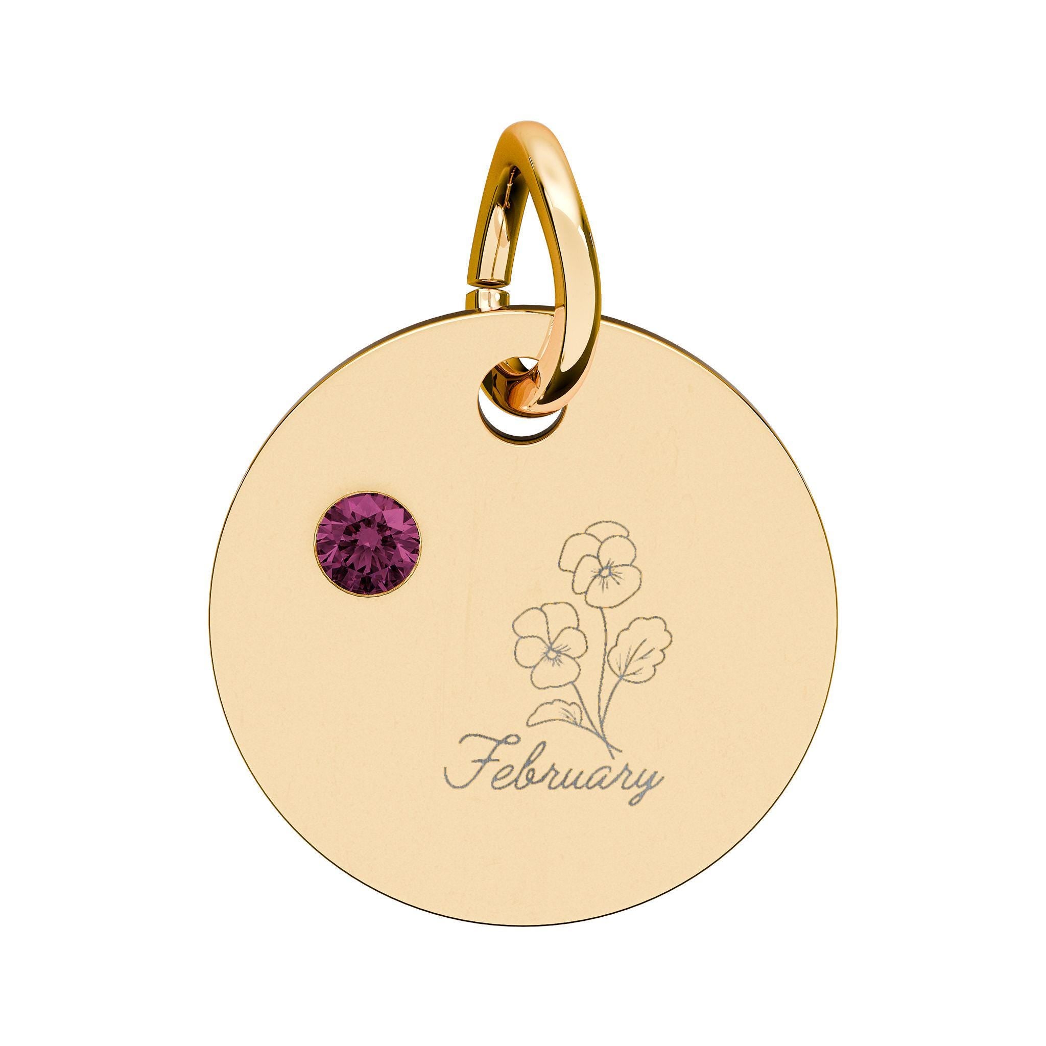 February Birthstone/Birth flower pendant, Engraved circle charm