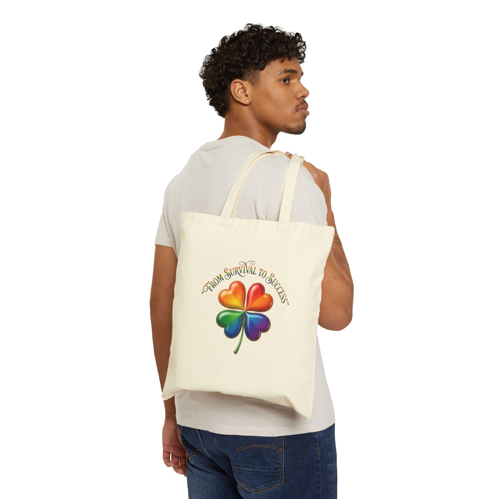 Rainbow Four-Leaf Clover Tote Bag | Hope Phrase Canvas Tote