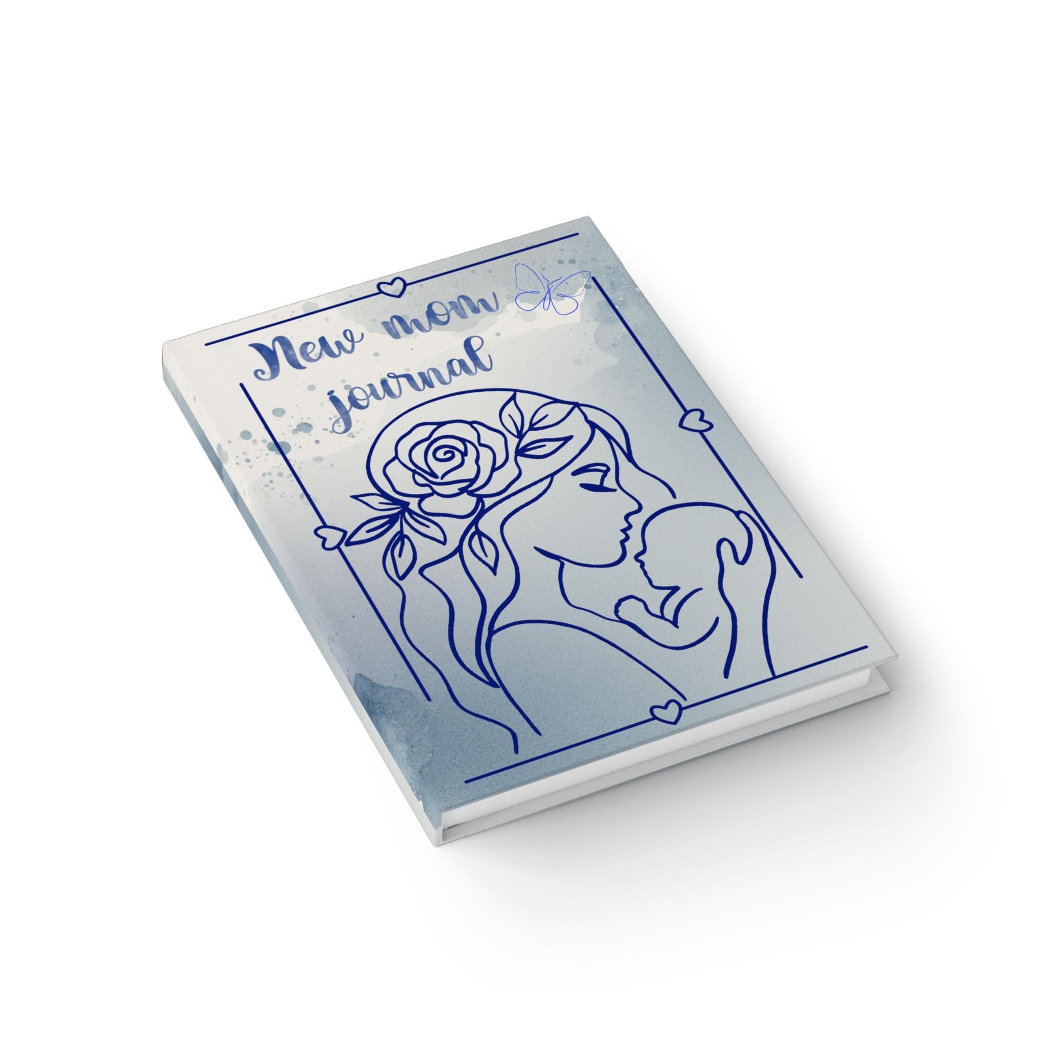 New Mom Journal Ruled Notebook | Mother and Baby Illustration, Blue Watercolor Cover