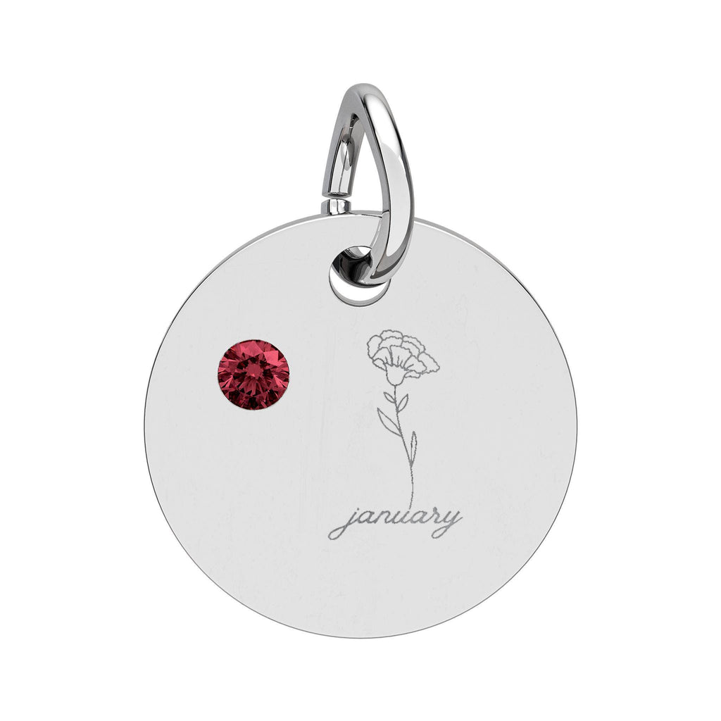 January Birthstone/Birth flower pendant, Engraved circle charm
