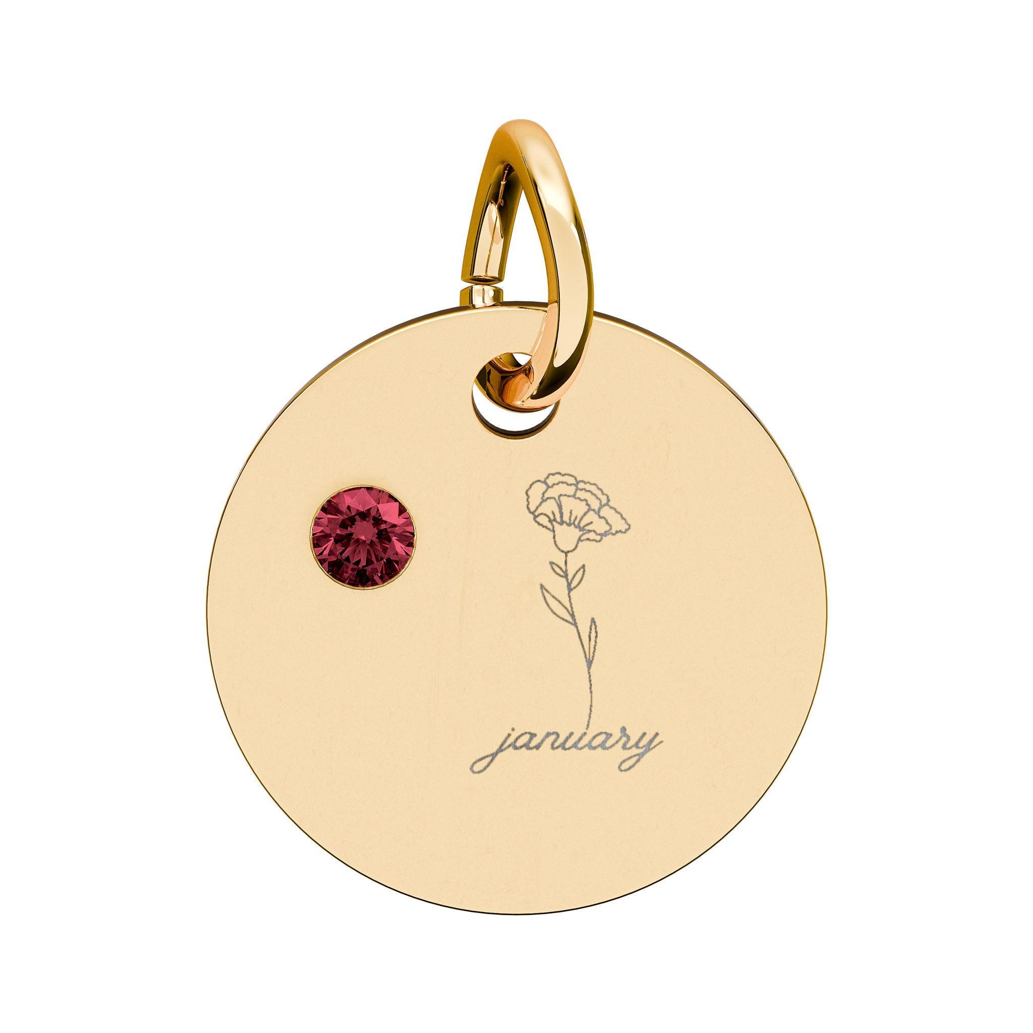 January Birthstone/Birth flower pendant, Engraved circle charm