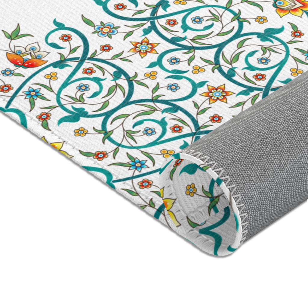 Teal Floral Scrollwork Area Rug | Boho Medallion Pattern, White Background