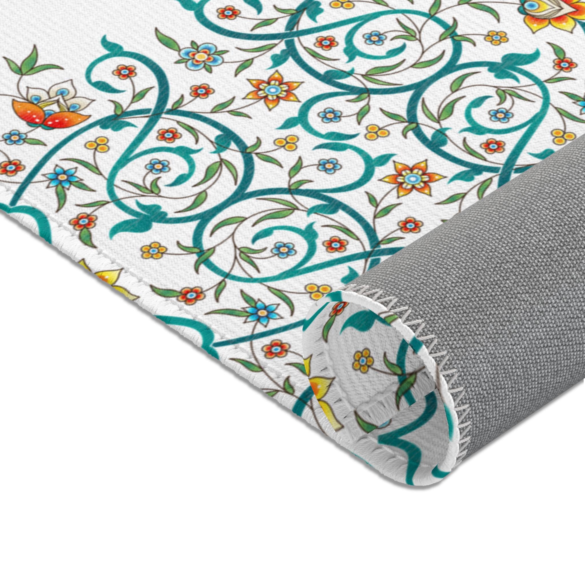 Teal Floral Scrollwork Area Rug | Boho Medallion Pattern, White Background