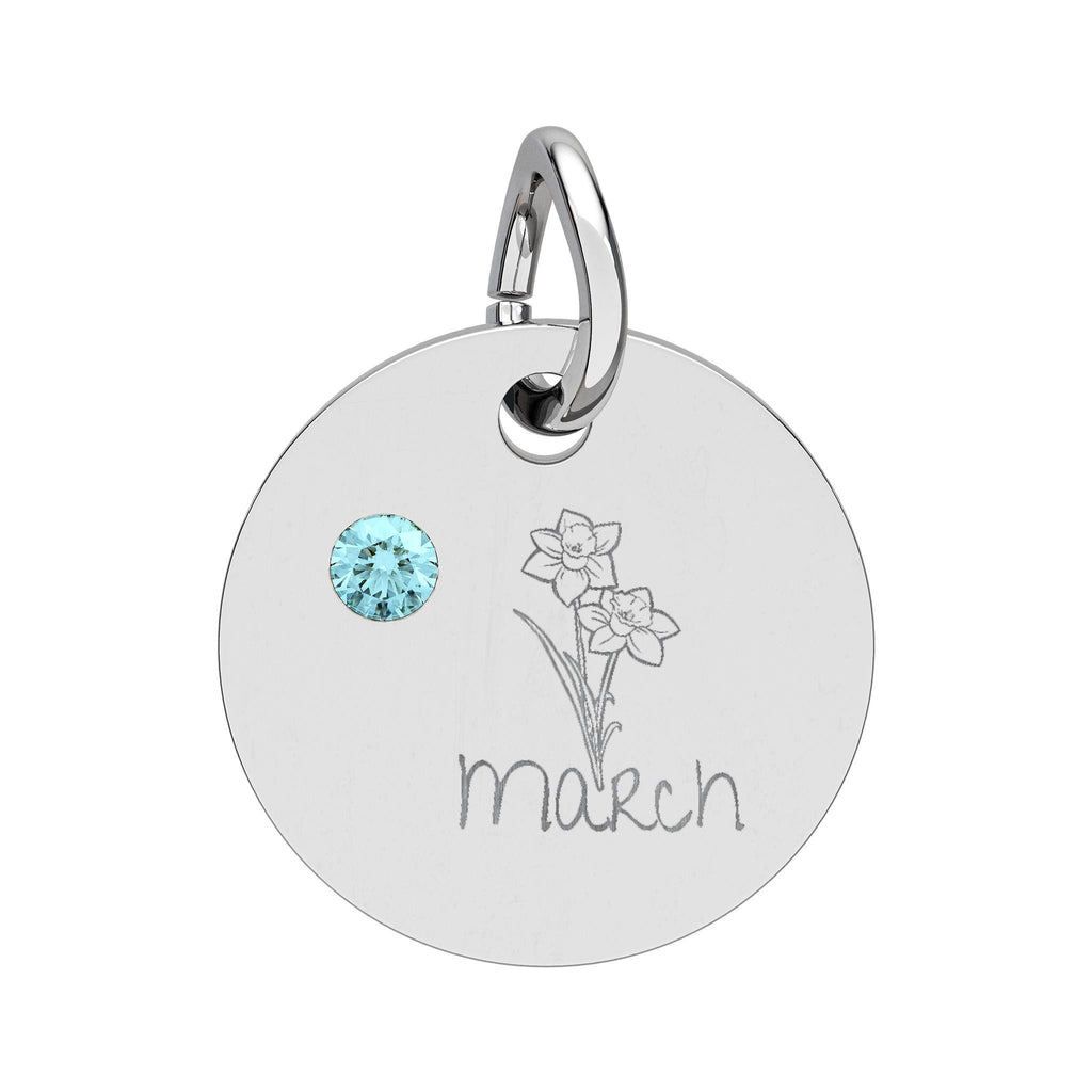 March Birthstone/Birth flower pendant/ Engraved circle charm