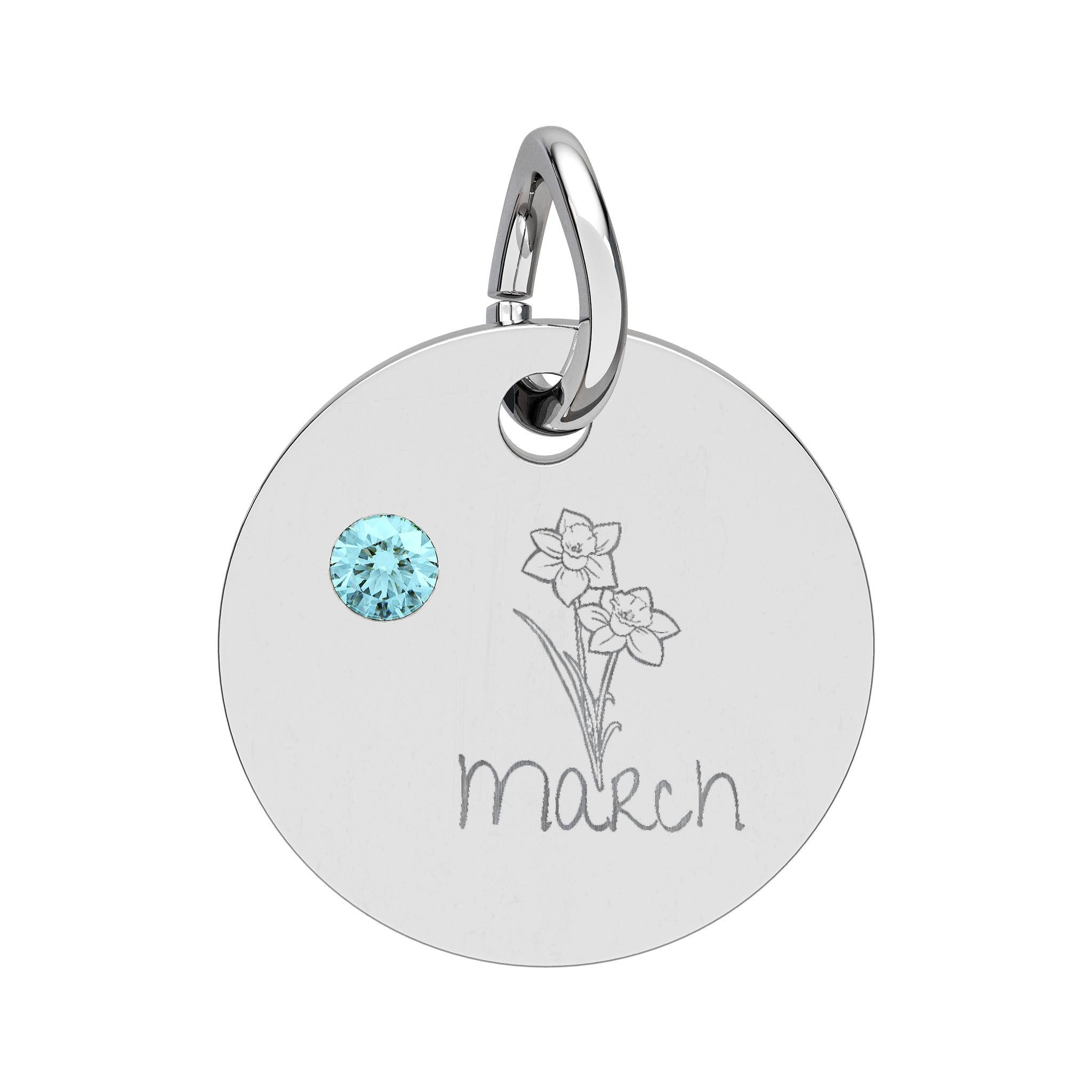 March Birthstone/Birth flower pendant/ Engraved circle charm