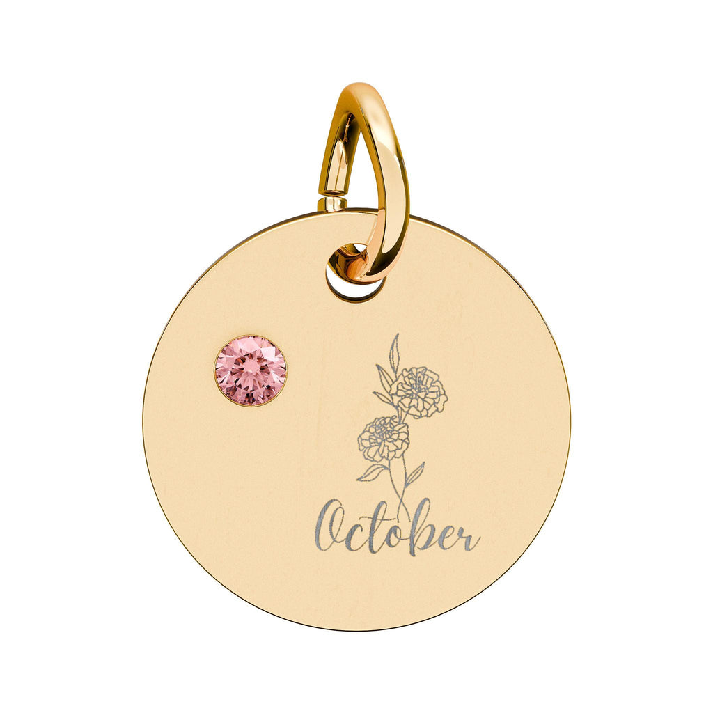 October Birthstone/Birth flower pendant, Circle Charm pendant | Engraved Floral Disc