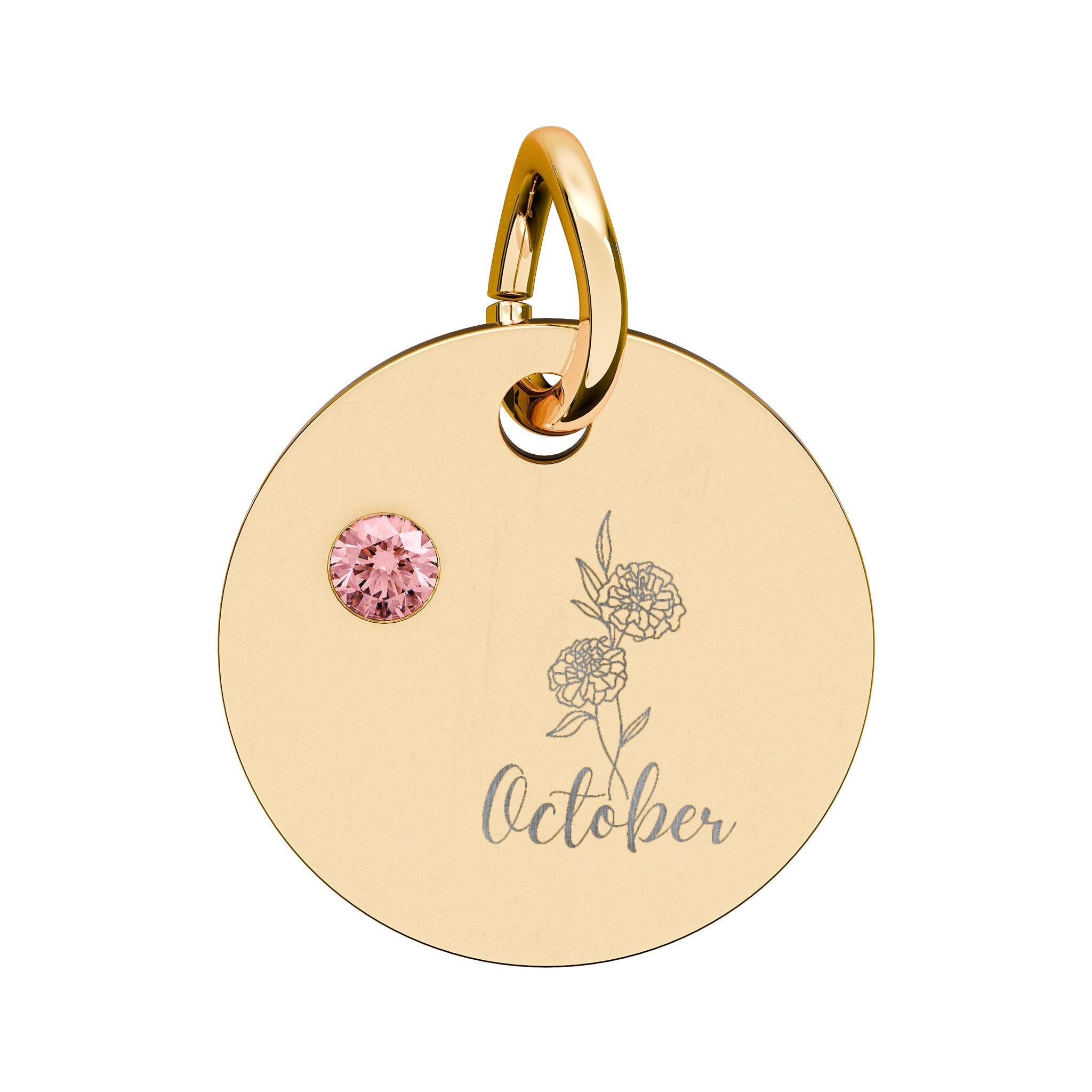 October Birthstone/Birth flower pendant, Circle Charm pendant | Engraved Floral Disc