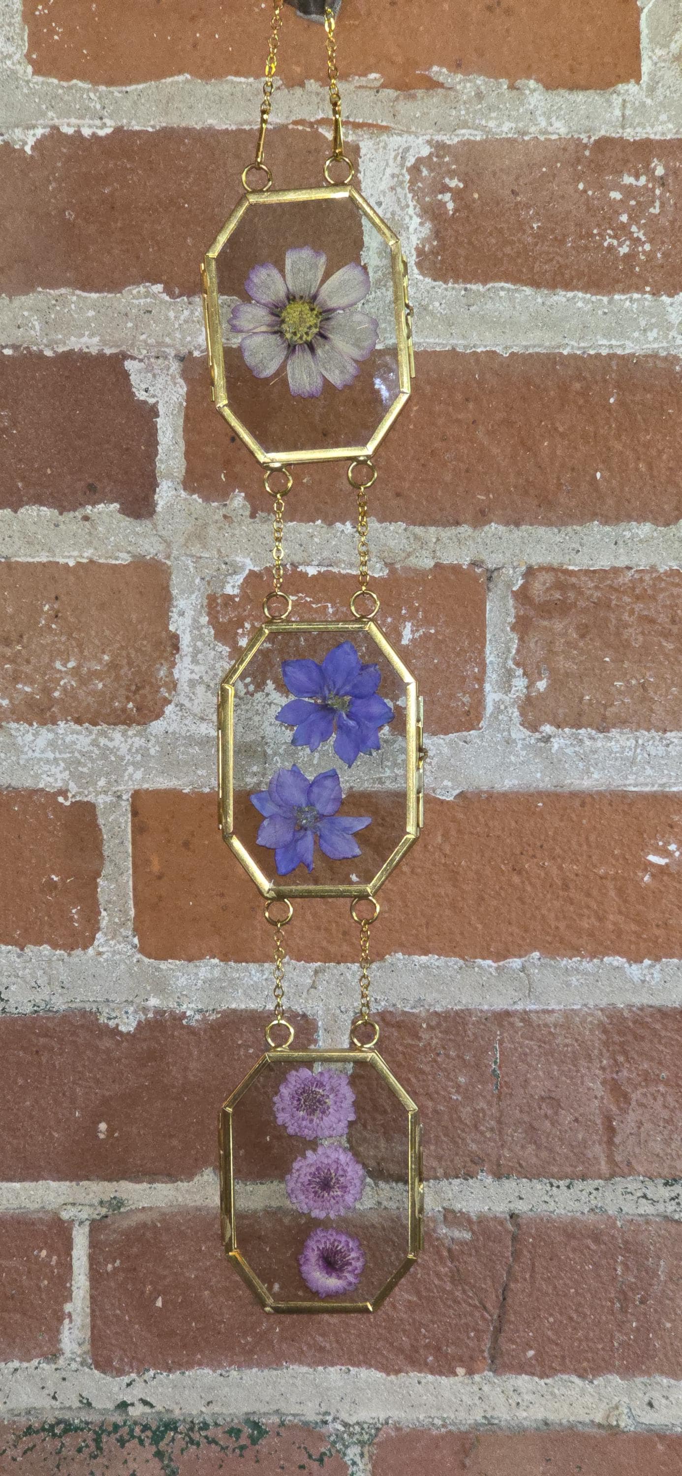Pressed flower glass hanging frame, Purple flowers